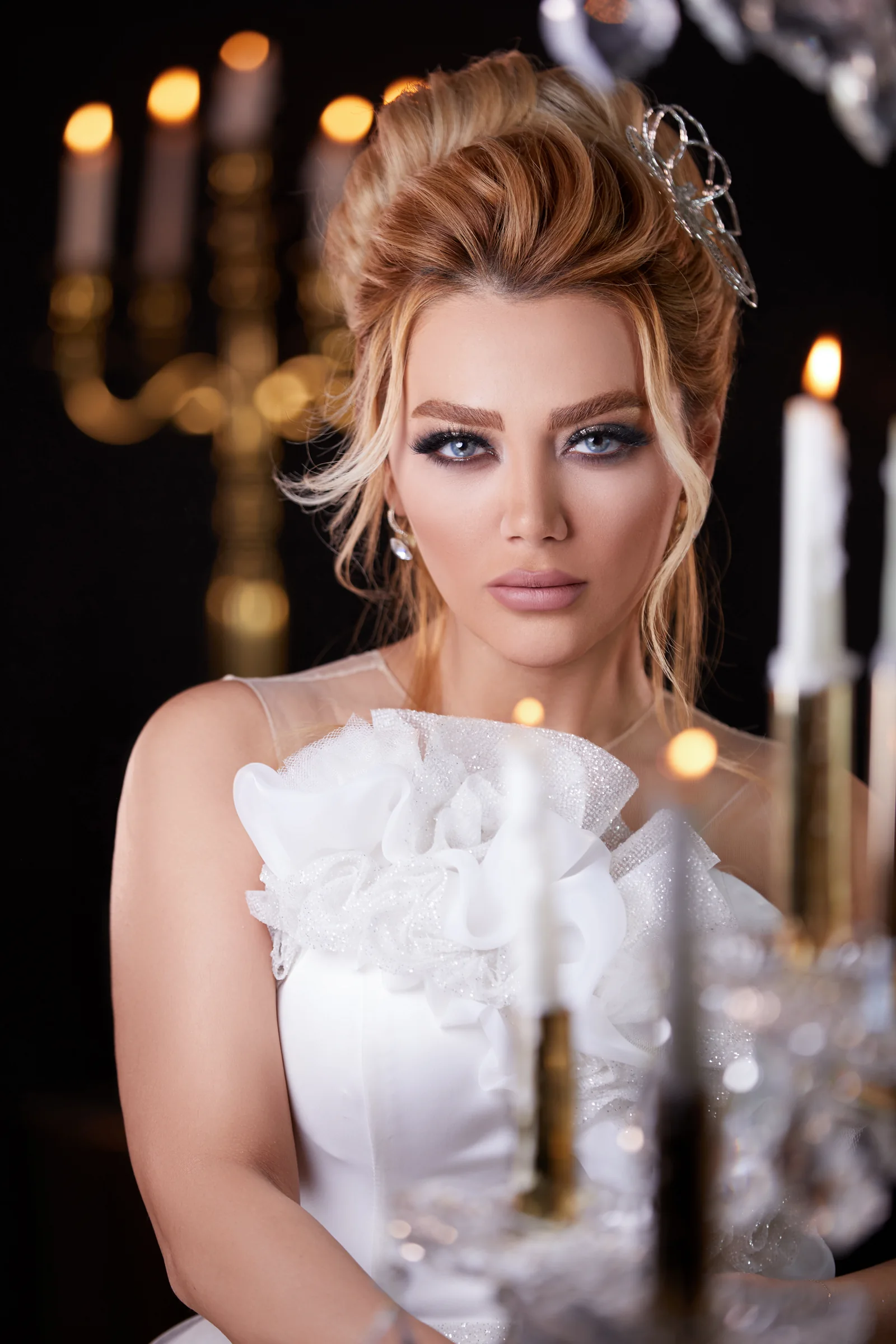 Full glam bridal makeup by Haleh Ahmadi in Vancouver, bride photographed by candlelight