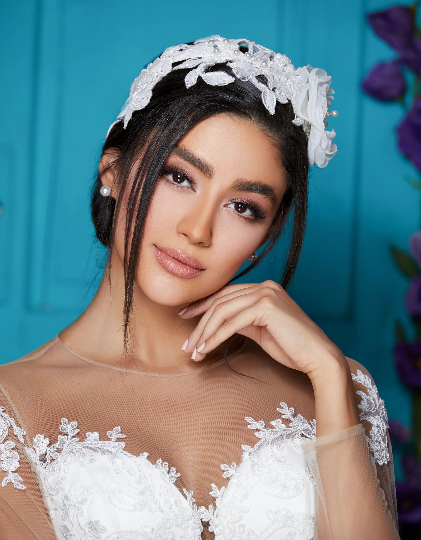 Luxury bridal makeup by Haleh Ahmadi in Vancouver, bride in a lace gown with a lace headpiece